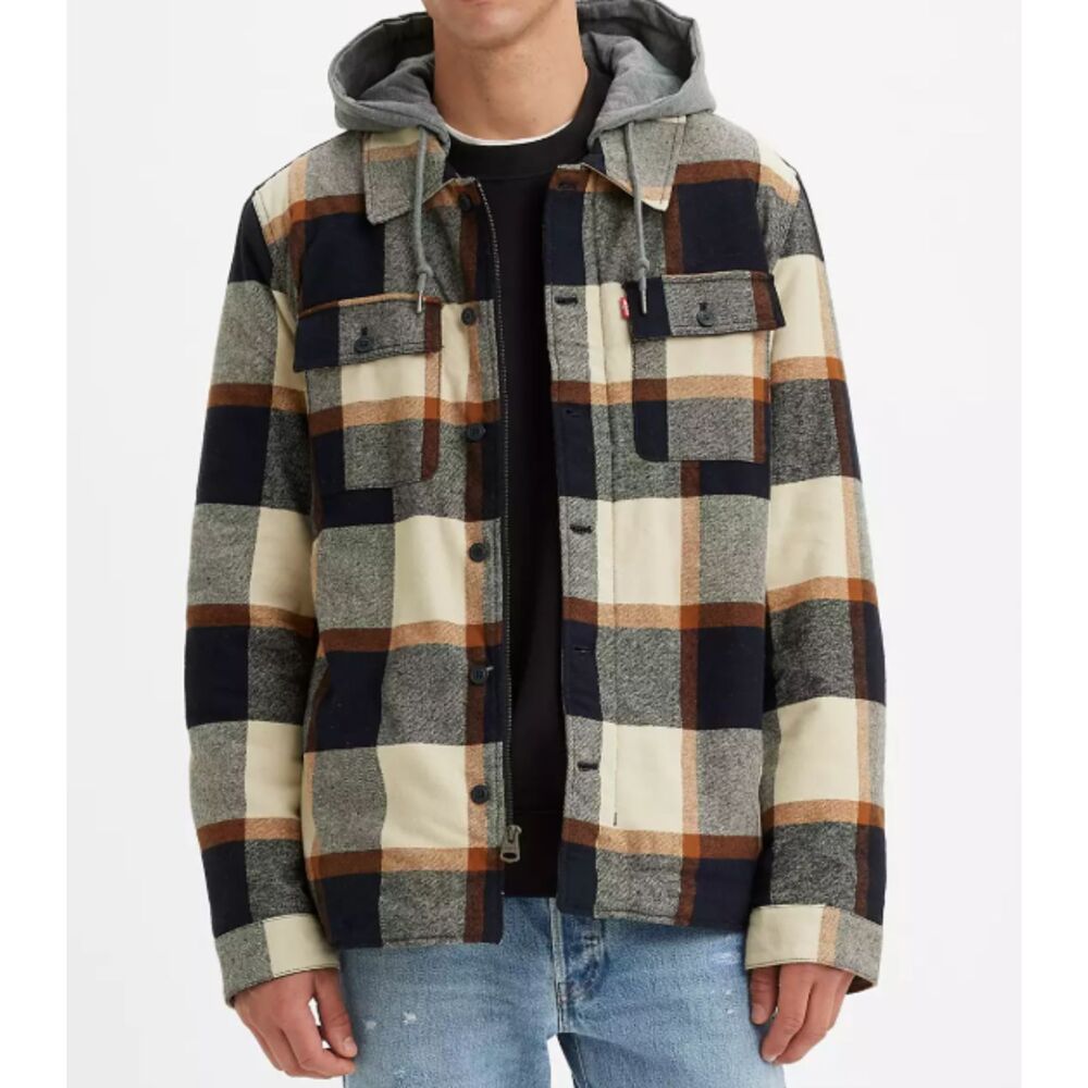 Levi's Plaid Sherpa Lined Hooded Shacket Men's S Navy Cream Rust Flannel Coat